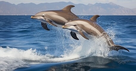 A Breathtaking Moment as Two Common Dolphins Breach in Harmony. Generative AI