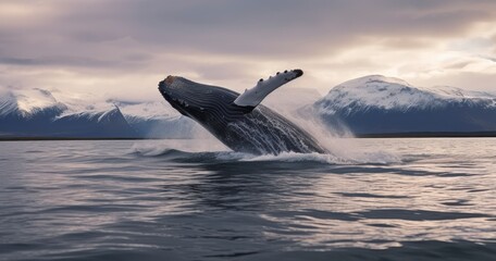 Fototapeta premium A Majestic Humpback Whale Leaping in the Waters of Eyjafjordur Fjord, Iceland. Generative AI