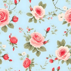 The seamless picture of the branches of vintage pink roses on blue backgrounds, illustrations