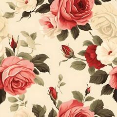 The seamless picture of the branches of vintage pink roses on cream color backgrounds, illustrations