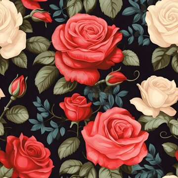 The seamless picture of the branches of vintage red and pink roses on dark backgrounds, illustrations