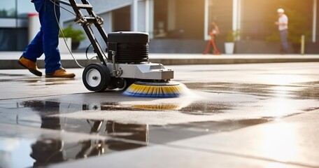 Meticulous Cleaning of an Exterior Concrete Floor Using a Polishing Machine and Chemical Agents. Generative AI