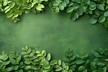 Top view of fresh moringa leaves on a vibrant green background, providing a refreshing and natural scene with ample copy space