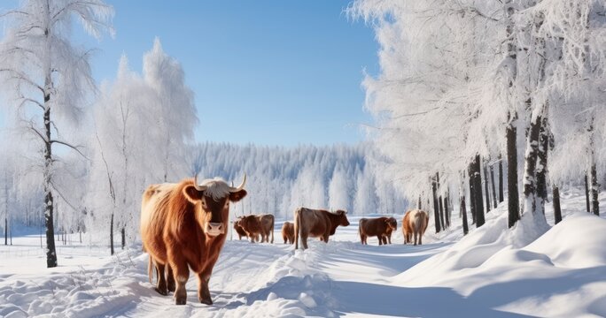 Cows Braving the Winter Chill Surrounded by Snow-Dusted Trees. Generative AI