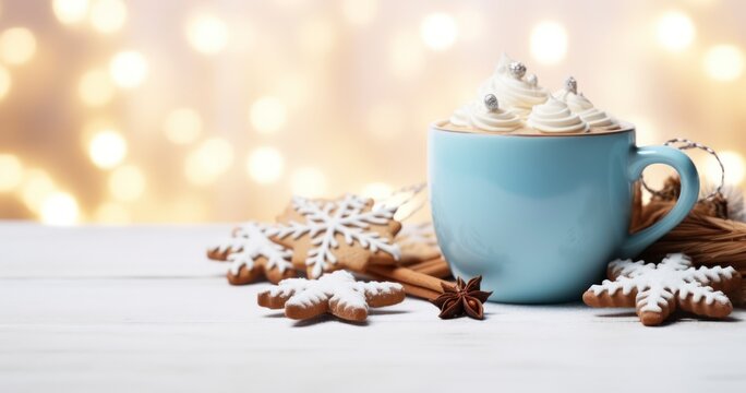 Hot winter drink - chocolate with whipped cream in blue mug. Cozy home atmosphere. Generative AI