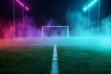 A textured soccer game field with neon fog, focused on the center and midfield areas