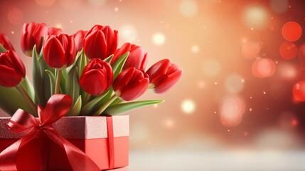 red tulips with gift box
