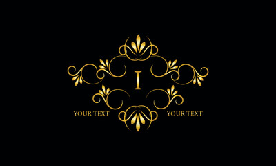 Luxury gold initial letter I monogram with frame ornament for boutique, beauty spa, hotel, resort, restaurant, jewelry, cosmetic logo design, wedding.
