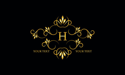 Luxury gold initial letter H monogram with frame ornament for boutique, beauty spa, hotel, resort, restaurant, jewelry, cosmetic logo design, wedding.