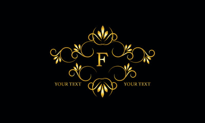 Luxury gold initial letter F monogram with frame ornament for boutique, beauty spa, hotel, resort, restaurant, jewelry, cosmetic logo design, wedding.