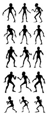 silhouette set of aliens in various poses and stances - transparent PNG background - full view - action pose