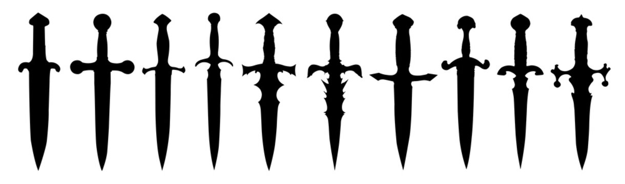 set of dagger and swords - silhouette collection - transparent background - fantasy medieval blades