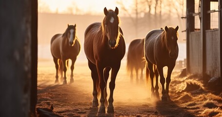 A Group of Horses Emerging from Their Stable on a Crisp Winter Morning. Generative AI - obrazy, fototapety, plakaty