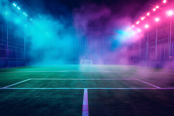 A textured soccer game field with neon fog, focused on the center and midfield areas