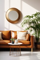 brown leather sofa in a living room with a round mirror and a tall potted plant