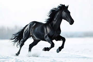 A fast black horse is running on a plain white background. Its hair is blowing in the wind, and it looks strong and graceful