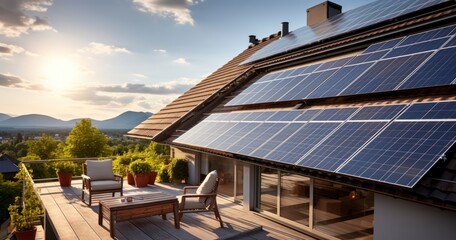 Sunlit Sustainability - Photovoltaic system on a roof of a sustainable family home. Generative AI - obrazy, fototapety, plakaty