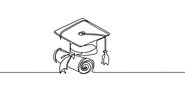 continuous line drawing of Graduation cap and diploma, illustration