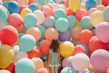 A Burst of Colorful Joy as a Little Girl Stands Surrounded by a Huge Crowd of Balloons