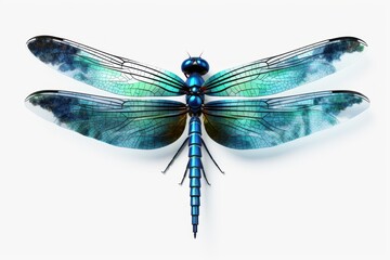  a blue and green dragonfly sitting on top of a white surface next to a green and black insect on it's back legs, with its wings spread out.