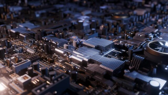 close up animation of computer circuit board, 4k animated backdrop