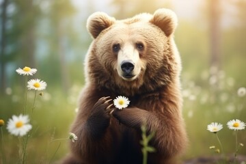  a brown bear standing on its hind legs in a field of daisies and daisies in the foreground, with a blurry background of trees and grass and flowers in the foreground.