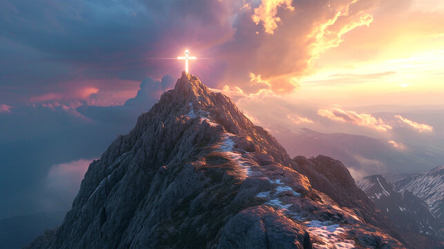 Illuminated Cross Atop Majestic Mountain : Symbolic Spiritual Journey, Divine Light, and Connection Between Heaven and Earth : Inspirational Concept
