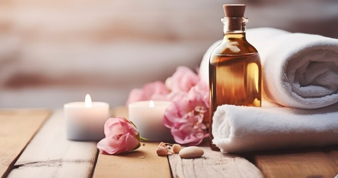 Natural Spa Essentials, Such as Rose Oil and Smooth Stones, Elegantly Arranged on a Wooden Surface for a Soothing Aromatherapy Session