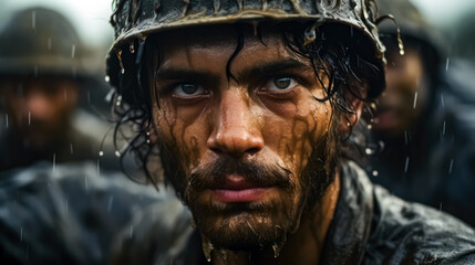 Obraz premium Portrait of a special forces soldier on the battlefield WWII. Selective focus. Scene from second world of war. War Concept. Military special forces soldiers fighting in the rain.