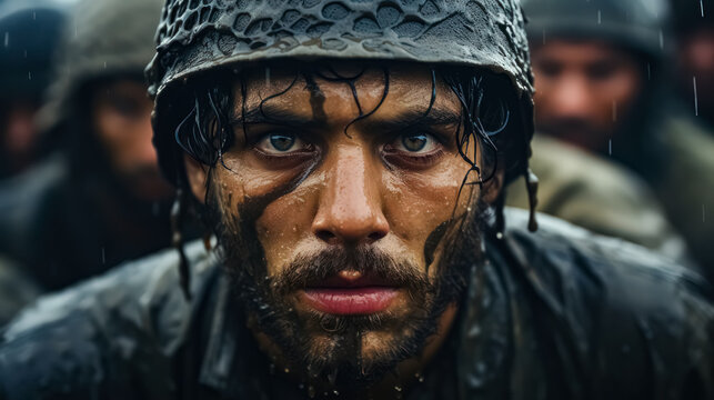 Portrait of a special forces soldier on the battlefield WWII. Selective focus. Scene from second world of war. War Concept. Military special forces soldiers fighting in the rain.
