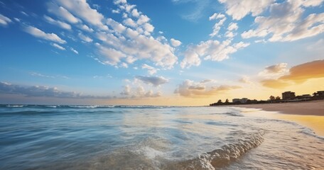 Scenic view of beach at sunrise. Generative AI