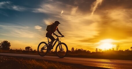 Fototapeta premium The Elegant Outline of a Woman Cycling Against the Sunset. Generative AI