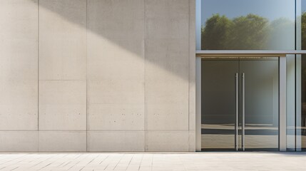  a woman walking down a sidewalk past a tall building with a clock on the side of it's glass door and a tree on the other side of the building.