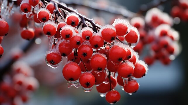 a close up of a bunch of red berries on a tree branch with ice on the leaves and the berries on the branch are covered in drops of dew on a sunny day.