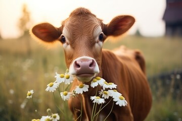  a brown cow standing on top of a grass covered field next to a field of white daisies and a brown cow with its head sticking out of it's nose to the camera.