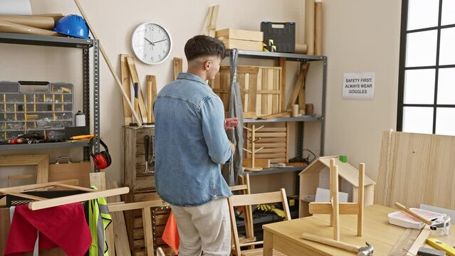 Joyful young hispanic man carpenter dancing, smiling amid wood shavings at workshop, lighthearted portrait, skilled in carpentry, expert at molding wood.