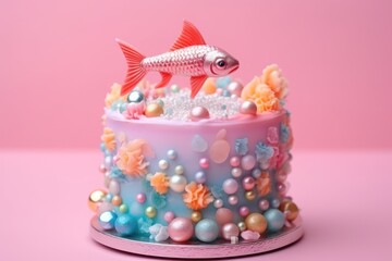  a close up of a cake decorated with a fish on top of a pink surface with pearls and other decorations on the bottom of the cake and bottom of the cake.