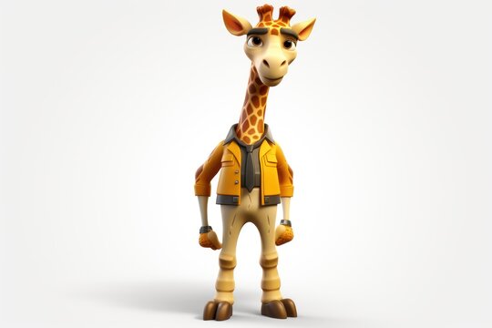  a cartoon giraffe wearing a yellow jacket and a black hat is standing in front of a white background and looking at the camera with a serious look on his face.