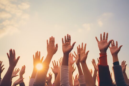 People of different ethnicities raising their hands in the air