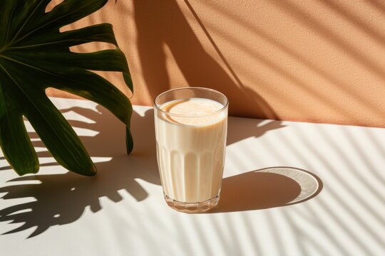  a glass of milk sitting on top of a table next to a potted plant and a shadow of a palm leaf on the side of the glass of the table.