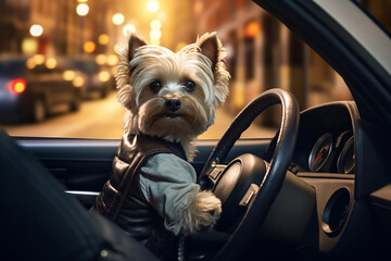 Portrait of a cute little dog at the wheel of a car