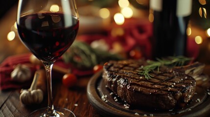 Fototapeta na wymiar a steak and a glass of red wine on a wooden table with christmas lights in the background and a bottle of wine in the foreground and a glass of red wine in the foreground.