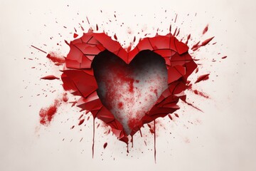  a heart shaped hole in the middle of a white wall with red paint splattered all over it and a hole in the middle of the wall to the heart.