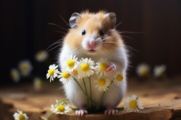  a hamster is sitting on a piece of wood with daisies in front of it and a bunch of daisies in the foreground of the hamster.