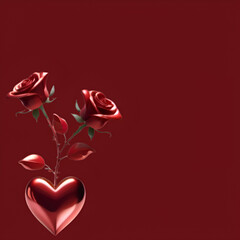 red rose and heart on red background. romantic red background with red roses