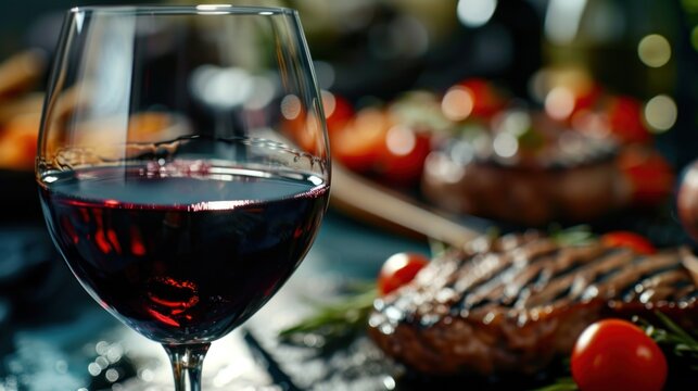  a glass of red wine sitting on top of a table next to a grilled meat on a plate and a glass of wine next to a glass of red wine.