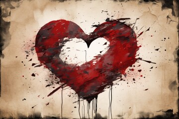 a painting of a heart with paint splatters all over it and a grungy effect on the bottom half of the image and bottom half of the heart.