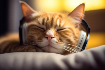 Cat with headphones chilling on the bed and listening to musik 