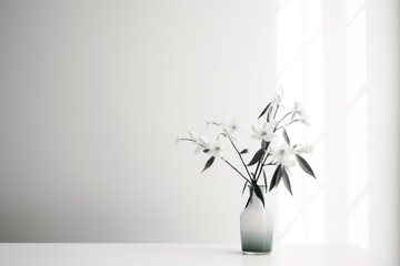  a black and white photo of a vase with white flowers in it on a white table in front of a window with light coming through the blinds on the wall.