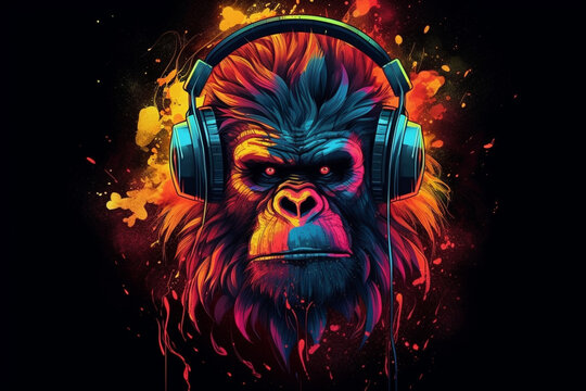 Gorilla with headphones and fire flames on a black background.